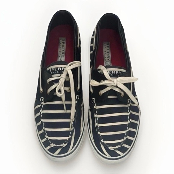 Sperry Shoes - Sperry Top Sider Canvas Boat Shoes Women Sz 9 Navy White Striped Preppy Nautical